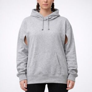 GSTQ Gray Cut-Out Sleeve Hoodie M 100% Cotton Streetwear Edgy Pullover